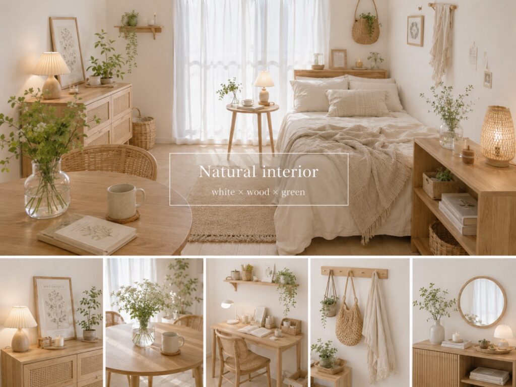 ChatGPTで作ったナチュラルスタイルの部屋のイメージ。木の家具と観葉植物のある部屋