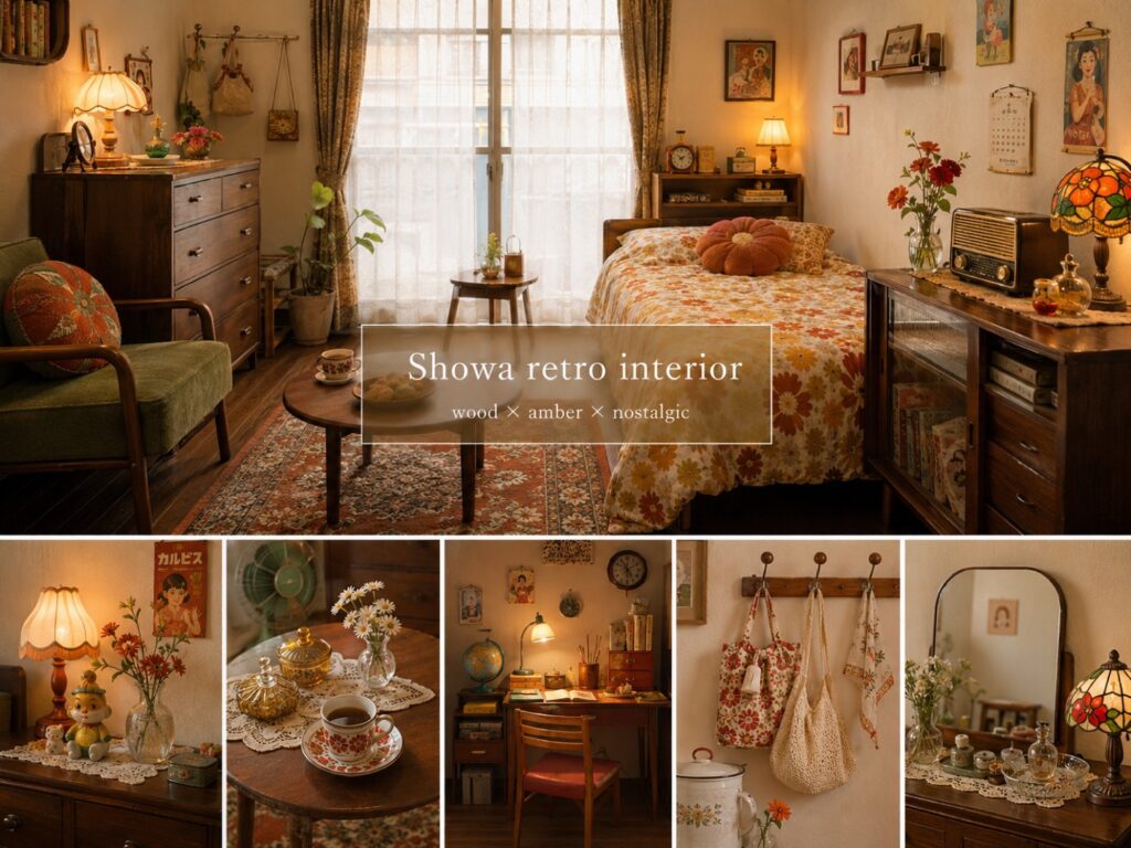 ChatGPTで作った昭和レトロスタイルの部屋のイメージ。深い茶色の木の家具がある懐かしい雰囲気の部屋
