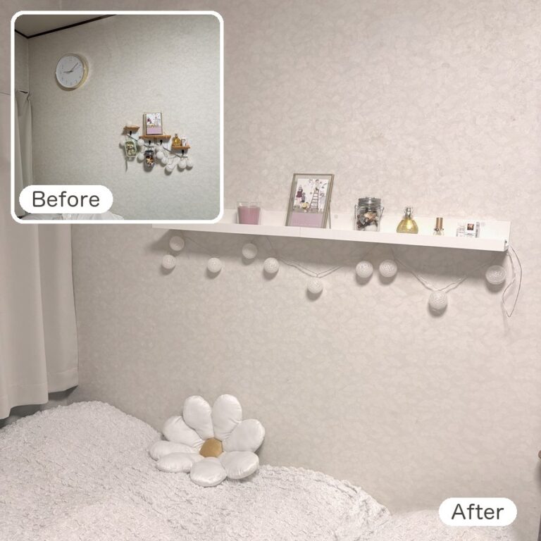 DAY05のBeforeとAfter。ベッド横の壁にIKEAの棚