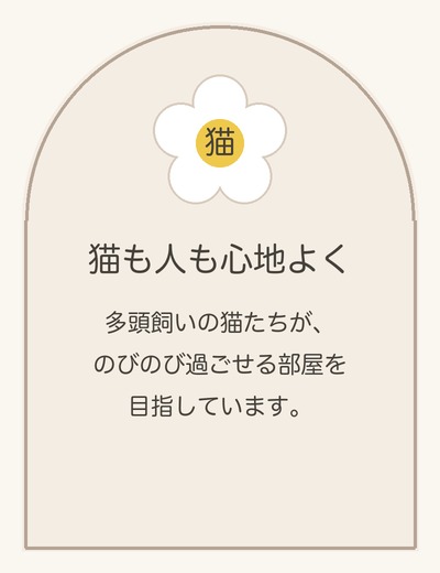 猫も人も心地よく。多頭飼いの猫たちが、のびのび過ごせる部屋を目指しています。
