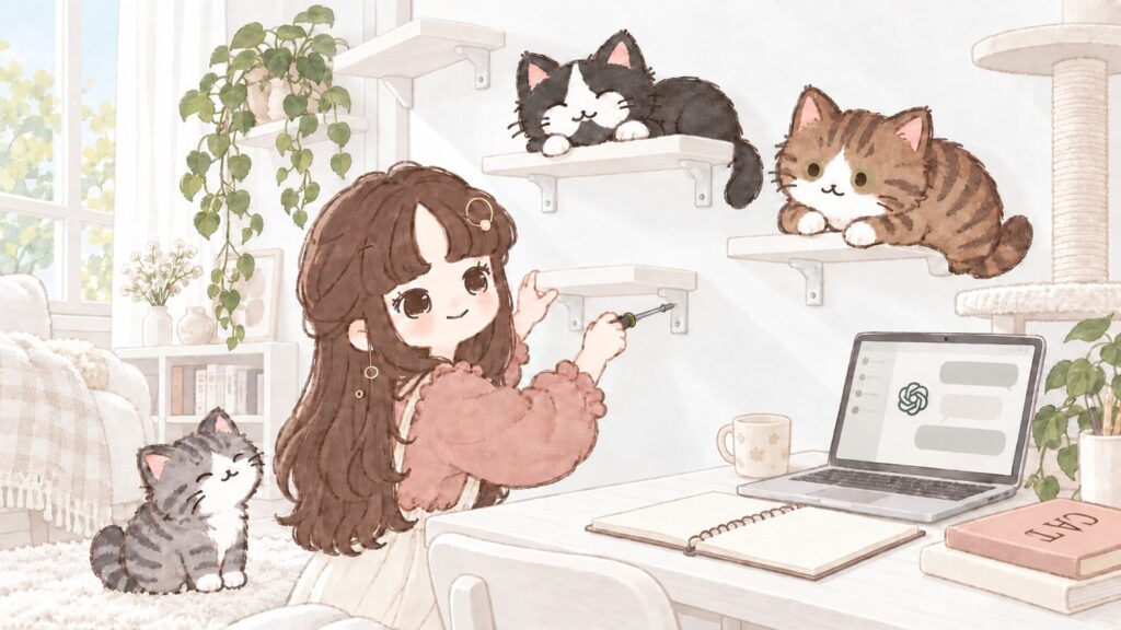 白い韓国インテリア風の部屋で、猫3匹のためにキャットステップを付けている女の子のイラスト。机にはノートパソコンとノート