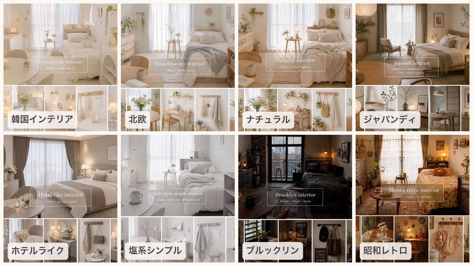 ChatGPTで作った8つのインテリアスタイルのイメージ画像を並べたもの