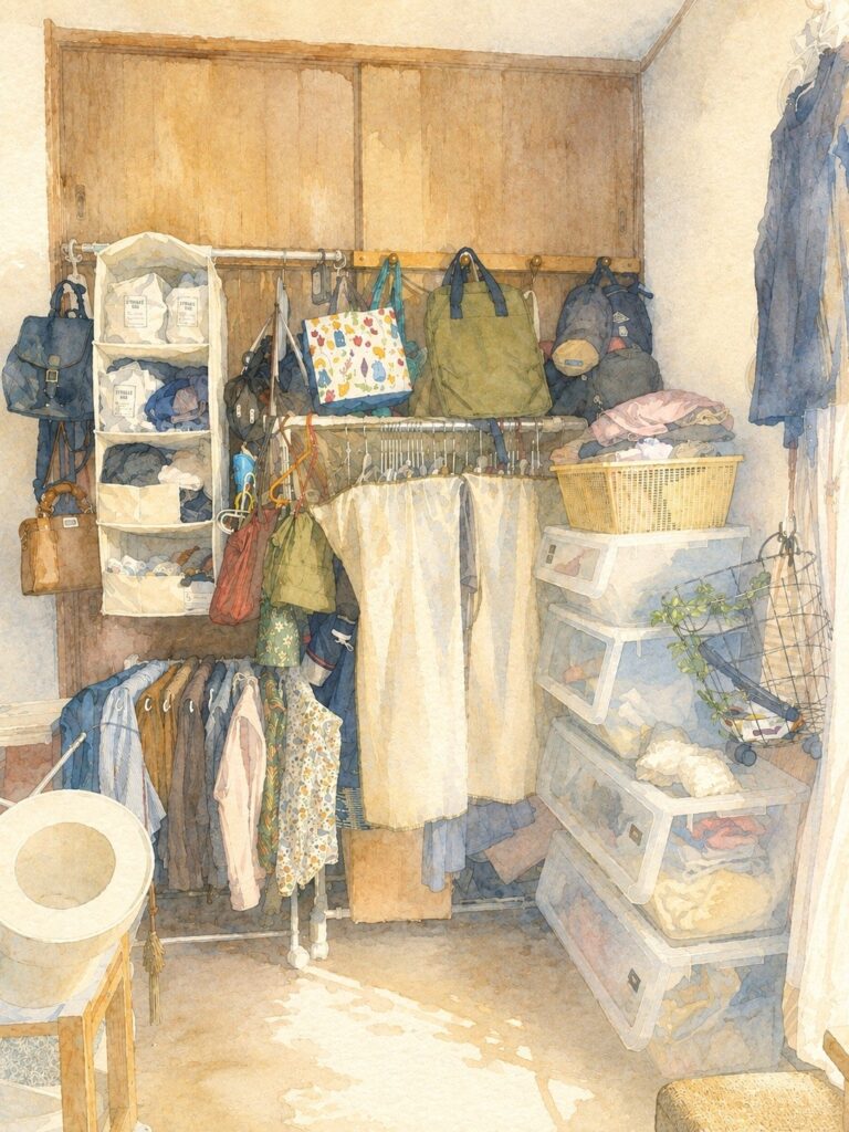 ハンガーラックや衣装ケース、バッグがぎっしり並ぶ洋服コーナーを水彩画風に描いたもの