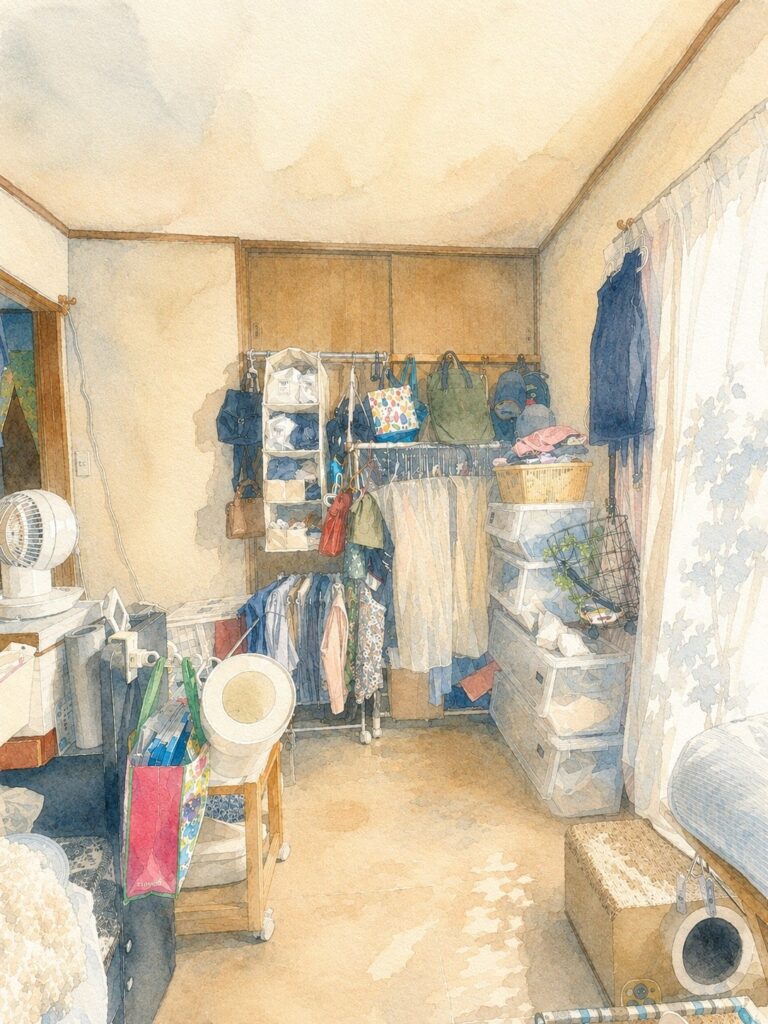 クローゼットがない部屋の洋服コーナー全体を水彩画風に描いたもの
