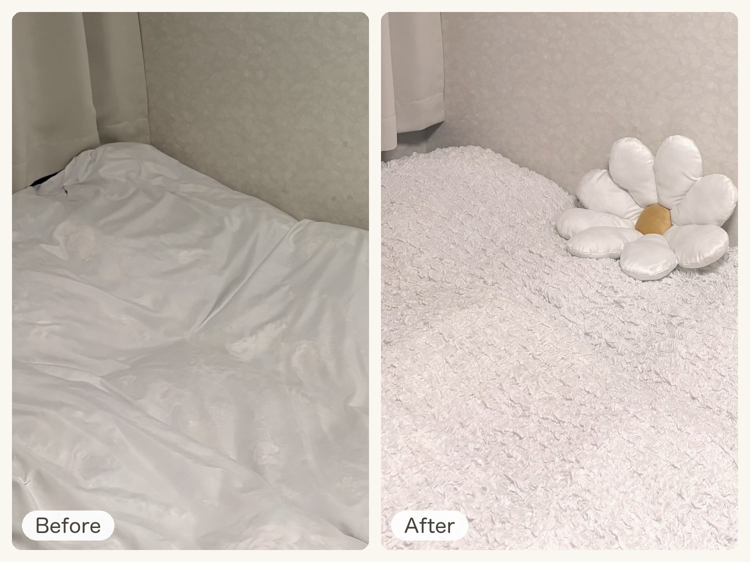 DAY06のBeforeとAfter。薄い布団カバーのベッドと、OFELIAとデイジーのクッションをのせたベッド