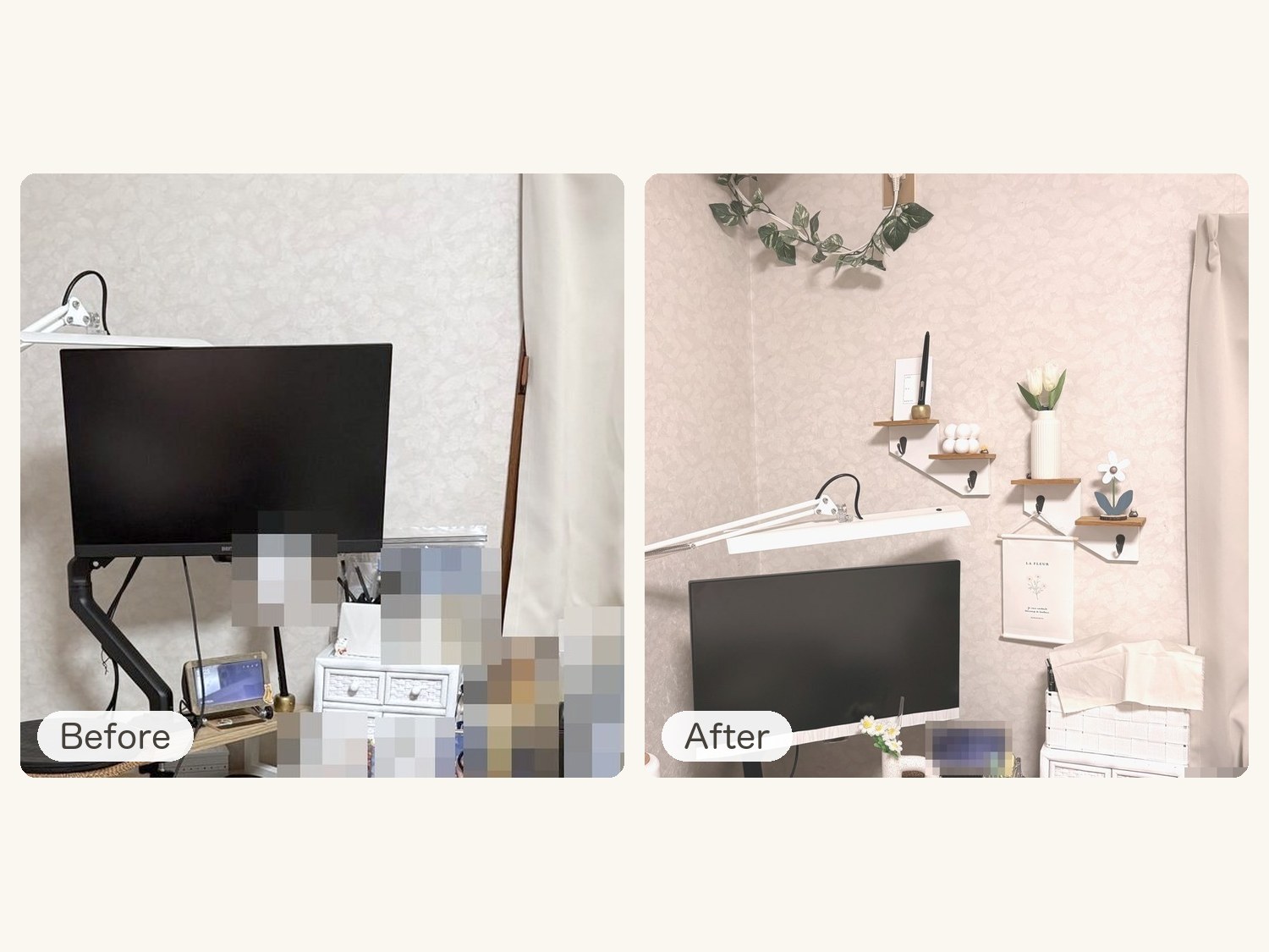 DAY08のBeforeとAfter。何も飾っていなかったデスク横の壁と、小さな棚に白い小物と花を飾った壁