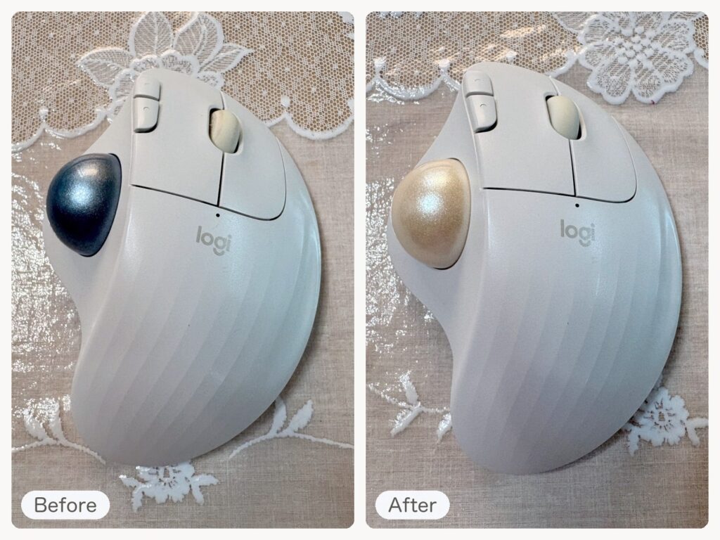 トラックボールマウスのBeforeとAfter。紺色のボールを、パールホワイトのボールに替えた