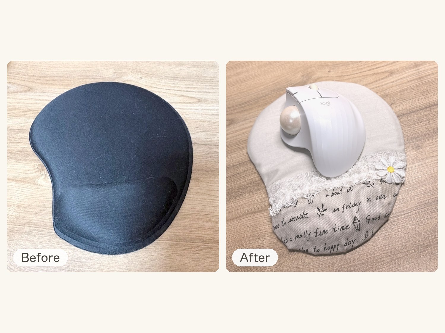 DAY10のBeforeとAfter。黒いマウスパッドと、布でリメイクしたマウスパッドに白いボールのマウス