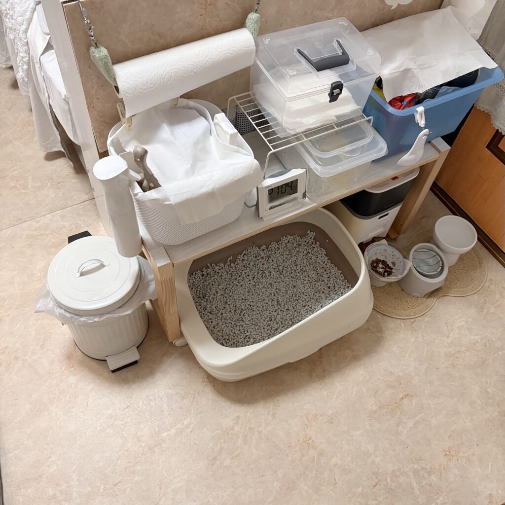 IVARを斜め上から見たところ。棚の下に猫トイレ、棚の上にキッチンペーパー、白いかご、ふた付きの透明なケース、青い箱、時計。左にゴミ箱、右に給餌器と器