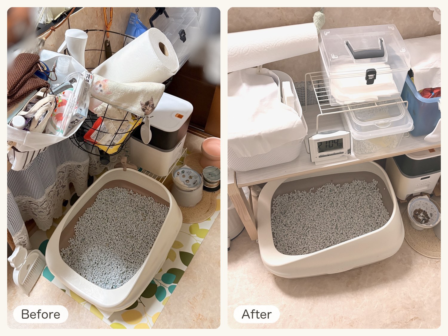 DAY13のBefore・After。左は物が山積みの猫トイレ、右は猫トイレの上に置いた白木目のIVARと、その上の収納