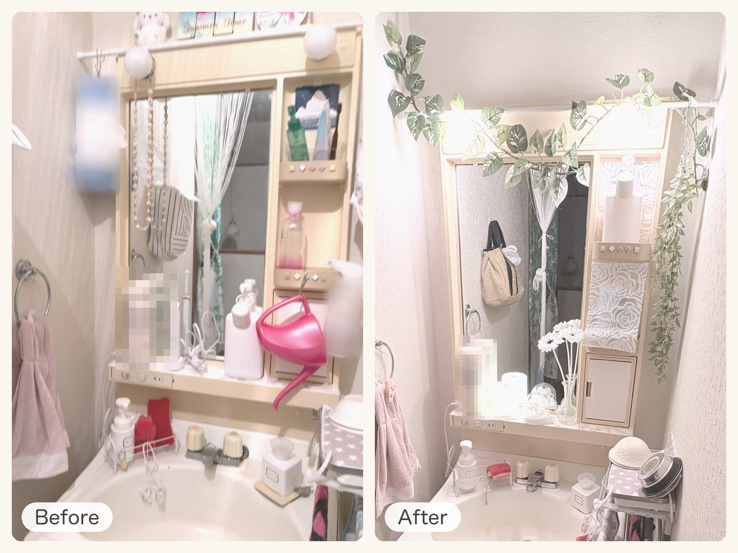 洗面台の鏡のまわりのBeforeとAfter。左は夏の飾りやボトル、ピンクのじょうろが並ぶ飾る前、右は鏡の上にアイビー、右に縦に下がるグリーン、棚に白いガーベラと円柱形のライト