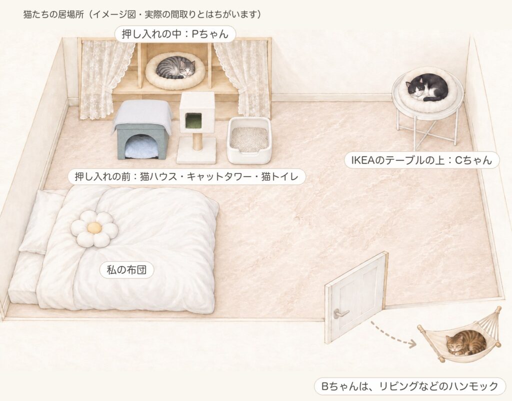 韓国インテリア風の手描きのイメージ図。ベージュの大理石調の床の部屋で、白いレースのカーテンを掛けた押し入れの中の丸いベッドにPちゃん、押し入れの前にグレーグリーンの猫ハウス・白いキャットタワー・猫トイレ、白い丸いテーブルの上のベッドにCちゃん、白い寝具の私の布団、白いドアから外への矢印の先のハンモックにBちゃん