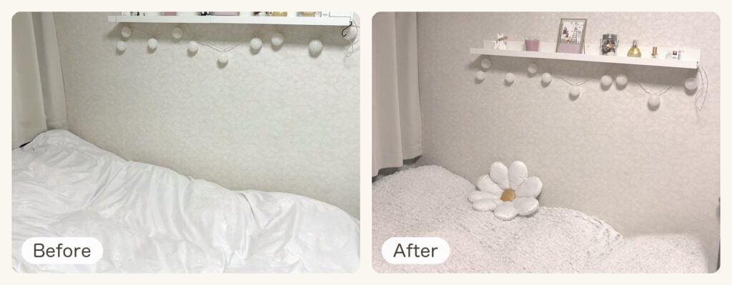 ベッドのBeforeとAfter。左は白い布団のベッドと壁の白い棚、右は白いふわふわのOFELIAをかけたベッドとデイジーのクッション、上に白い棚とコットンボールライト