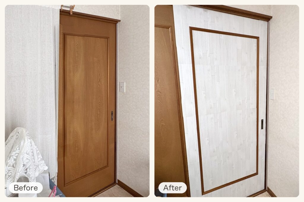 部屋の扉のBeforeとAfter。左は茶色い木目の引き戸、右は白木目のリメイクシートを貼った引き戸