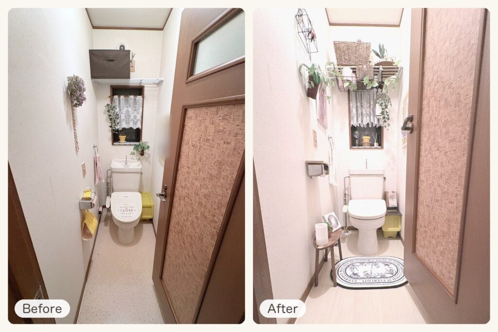 トイレのBeforeとAfterを、どちらも入り口から写した写真。左は上の棚に黒い収納ボックスがあるピンクっぽい点々の床のトイレ、右は木目調ベージュの床に白黒の楕円形マットを敷き、上の棚にかごとグリーンを飾ったトイレ